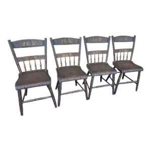 Set of 4 Paint Decorated Plank Seat Chairs, Pennsylvania, Circa 1850's