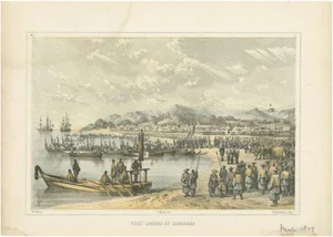Antique Print of the Landing at Gorahama by Hawks, 1856