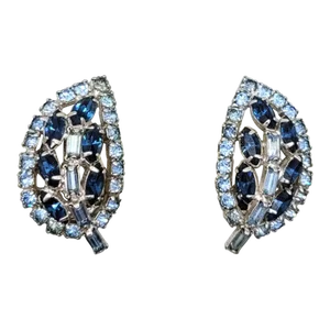 Vintage 1950s Signed Kramer Faux-Aquamarine & Faux-Sapphire Leaf Clip Earrings - 2 Pieces