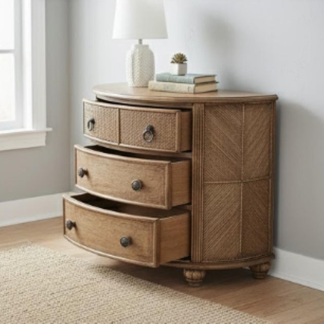 Coastal 1990s Braxton Culler Coastal Demilune 3 Drawer Chest - Woven Rattan Reed & Oak - Carved Melon Feet - 36" W For Sale - Image 3 of 17