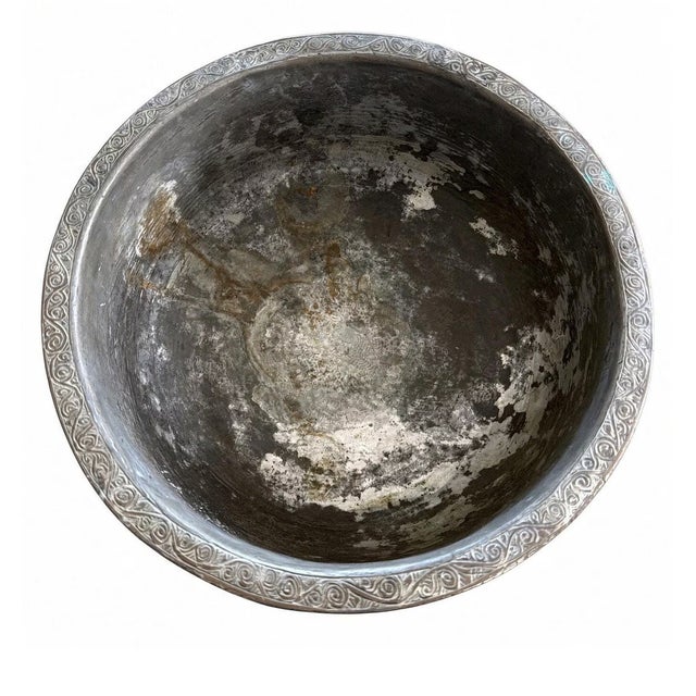 Copper Early 20th Century Engraved Copper Bowl, 13 Inch Footed Pedestal With Calligraphic Ornament For Sale - Image 8 of 9