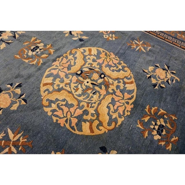 Chinese Wool Room Size Antique Medallion Chinese 1880s Knotted Rectangle Blue Peking Rug For Sale - Image 3 of 9