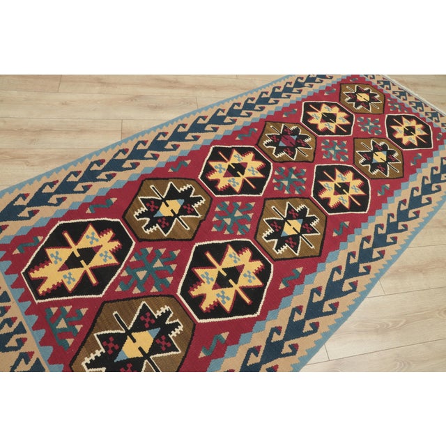1970s 1970s Scandinavian Style Geometric Design Red Handmade Oushak Kilim Runner Rug For Sale - Image 5 of 12