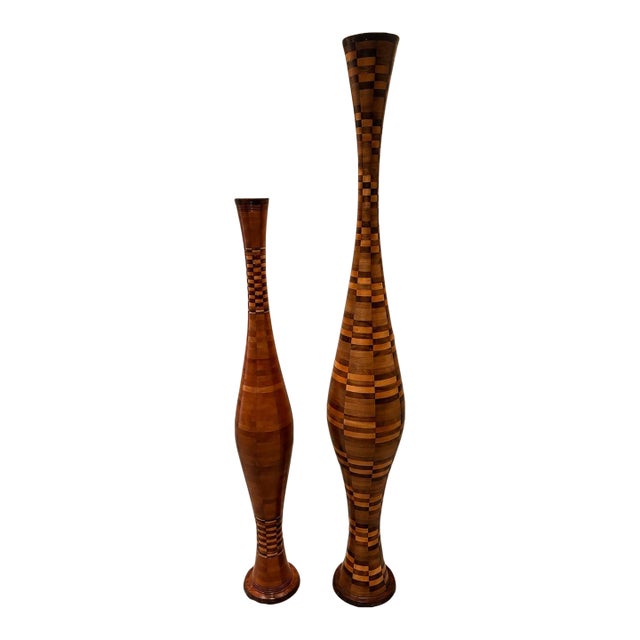 Pair of Handcrafted Segmented Hardwood Floor Vases For Sale