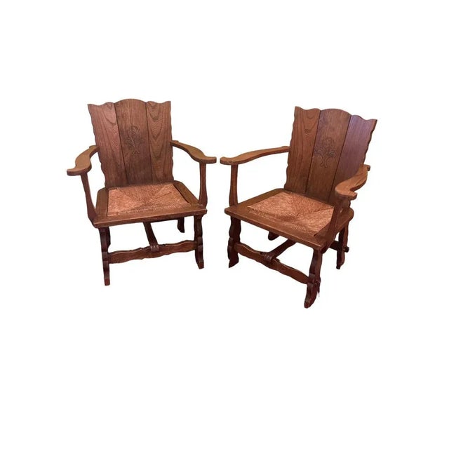 Set of Brutalist Wabi Sabi Oak Rush Lounge Chairs For Sale - Image 9 of 9