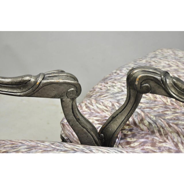 Vintage Italian Baroque Rococo Style Silver Leaf Gilt Lounge Arm Chairs - A Pair For Sale - Image 13 of 18