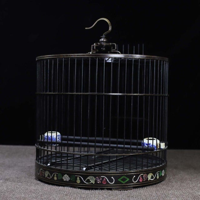 Wood Black Zitan Wood Bird Cage Inlaid With Mother-of-Pearl For Sale - Image 7 of 9