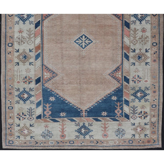 Textile Vintage Turkish Oushak Rug With Elegant Blue and Soft Peach Motifs 5'7 X 7'8 For Sale - Image 7 of 10
