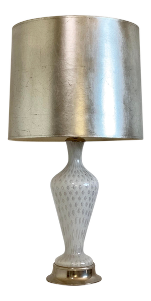 1960s Vintage Murano Bullicante White/Silver Table Lamp With Silver Drum Shade
