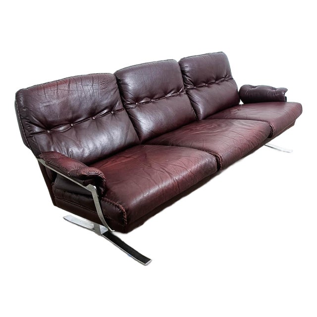 1960s Mid Century Danish Modern Sofa Couch Burgundy Chrome Leather Attributed to Arne Norell 3 Seat For Sale