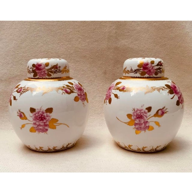 Copeland Spode Ginger Jars Pair Pink Roses Gilt English Antique Porcelain For Sale - Image 4 of 12