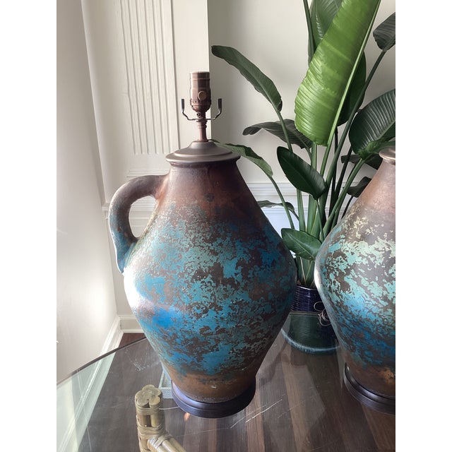 Tiffany Blue Monumental Volcanic Glaze Ceramic Amphora Table Lamps – A Pair For Sale - Image 8 of 8