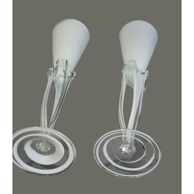 Glass Pair Vintage Krosno Józefina Hand-Blown White Art Glass Champagne Flutes Poland For Sale - Image 7 of 8