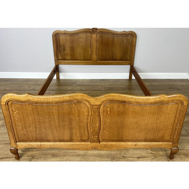 Vintage Louis French Oak Double Bed Frame with Carved Headboard For Sale - Image 10 of 10