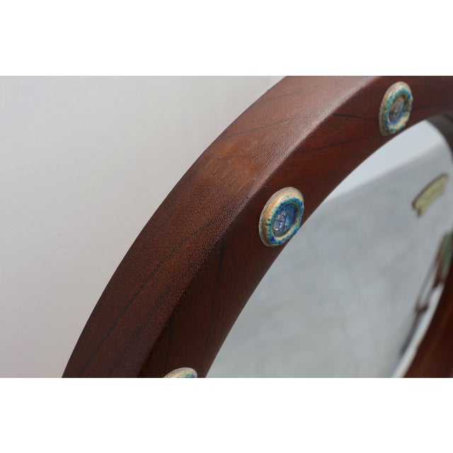 Wooden Round Mirror with Turquoise Ceramic Studs by Deknudt, Belgium, 1960s For Sale - Image 9 of 12