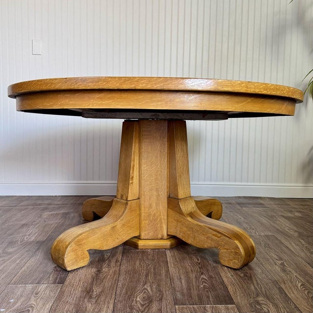 Vintage Tiger Oak Round Pedestal Dining Table For Sale - Image 15 of 15