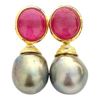 Bochic “Orient” South Sea Pearls & Ruby Earrings Set 18k in Gold & Silver - 2 Pieces For Sale