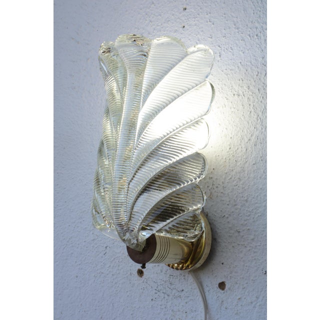 Glass Art Decò Wall Light Trasparent Murano Glass Leave by Barovier E Toso, 1950s For Sale - Image 7 of 13