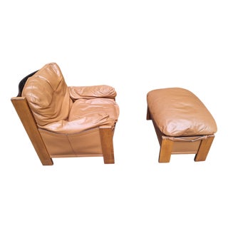 Set of Bergere Artona Armchair and Ottoman in Caramel Leather by Afra and Tobia Scarpa for Maxalto, 1970s For Sale