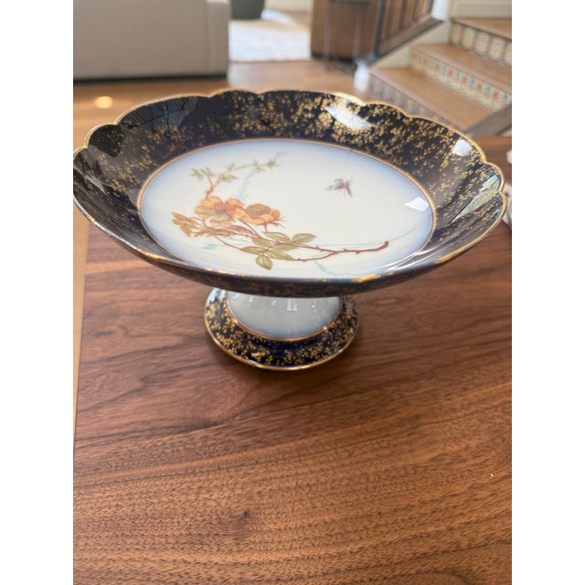 French Limoges Cobalt Blue Petits Fours Comport Compote floral and butterfly motif c 1894 - 1900. Marked D&C stands for...
