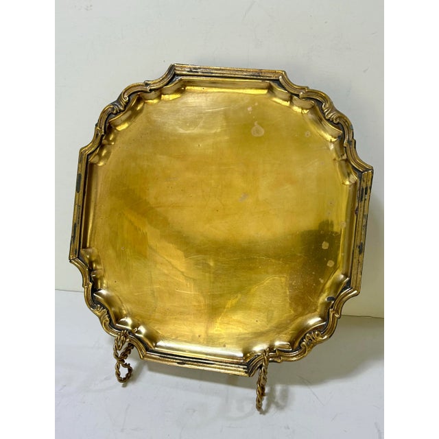Vintage Square Brass Tray With Scalloped Corners – Hollywood Regency Brass Tray For Sale - Image 12 of 12