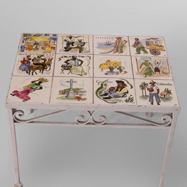Antique Arts & Crafts Spanish Wrought Iron & Tile Top Table, Genre Scenes, 1930 For Sale - Image 12 of 18