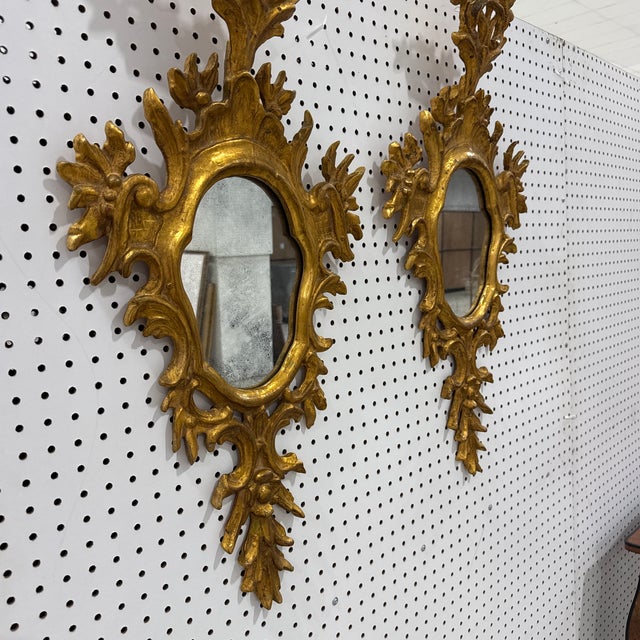 Italian Pair Vintage Mid Century Italian Florentine Gold Gilt Wall Mirrors Sconce Style For Sale - Image 3 of 12