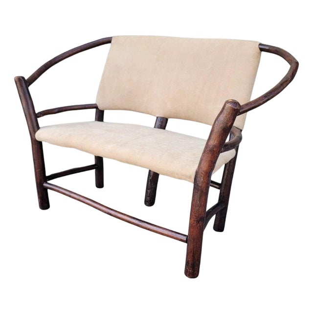 1940s Old Hickory Child's Settee in Suede Leather Seat For Sale