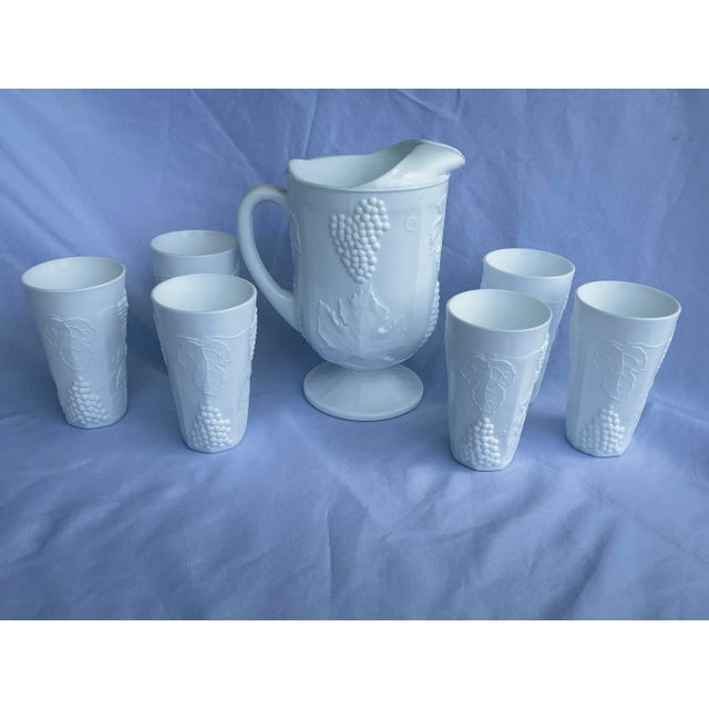 Shabby Chic Mid-Century Indiana Heavy Milk Glass Paneled Colony Harvest Grape Vine Pitcher & Tumblers Set- 7 Pieces For Sale - Image 3 of 12
