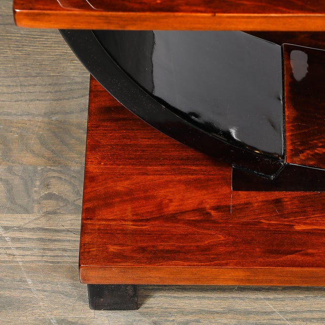 Art Deco Machine Age 3-Tier Walnut Side Table W/ Black Lacquer Round Support For Sale - Image 4 of 14