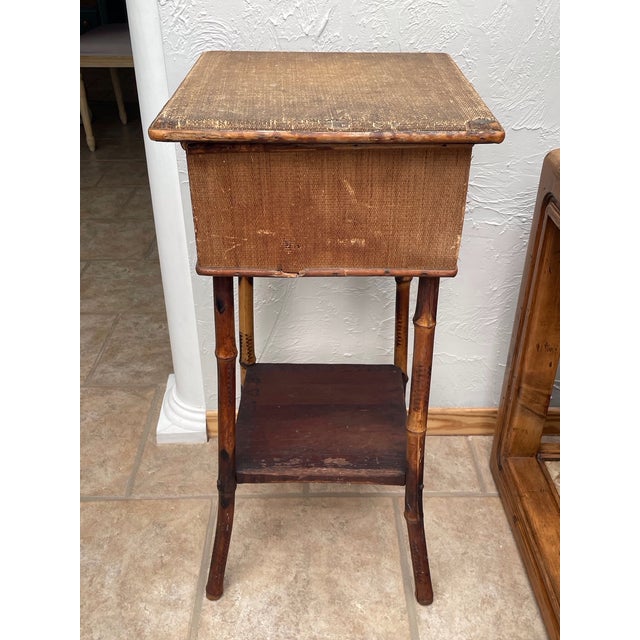 Shabby Chic English Bamboo Sewing Box Side Table W Flared Legs, 19th Century For Sale - Image 3 of 14