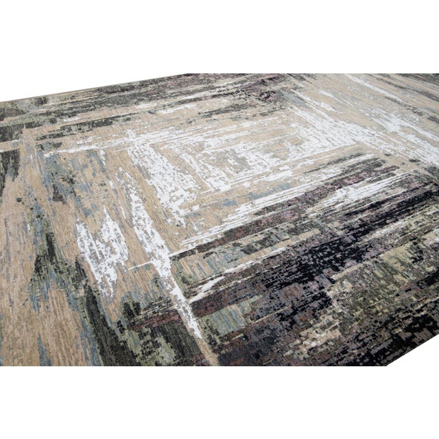 Textile Modern Indian Abstract Beige and Gray Handmade Wool and Silk Rug For Sale - Image 7 of 10