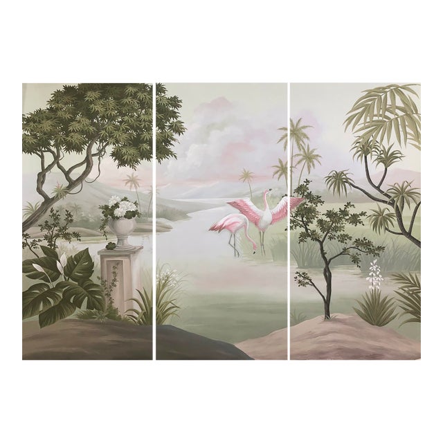 36" * H96" * 3ps,‌ Retro French Hand-Painted Tropical Riverside Flamingo Mural, Low-Saturation Misty Wall Covering for Living Room & Bedroom For Sale