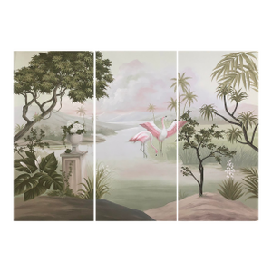 36" * H96" * 3ps,‌ Retro French Hand-Painted Tropical Riverside Flamingo Mural, Low-Saturation Misty Wall Covering for Living Room & Bedroom