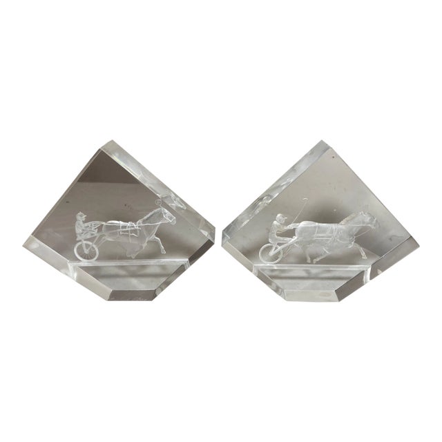 Pair of 2 Vintage Handmade Carved Etched Lucite Acrylic Harness Jockey Bookends For Sale