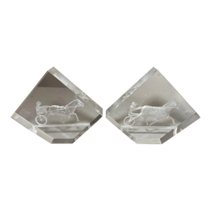 Pair of 2 Vintage Handmade Carved Etched Lucite Acrylic Harness Jockey Bookends