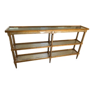 Theodore Alexander Hollywood Regency Gilded Eglomisé Glass Three-Tier Console Table For Sale
