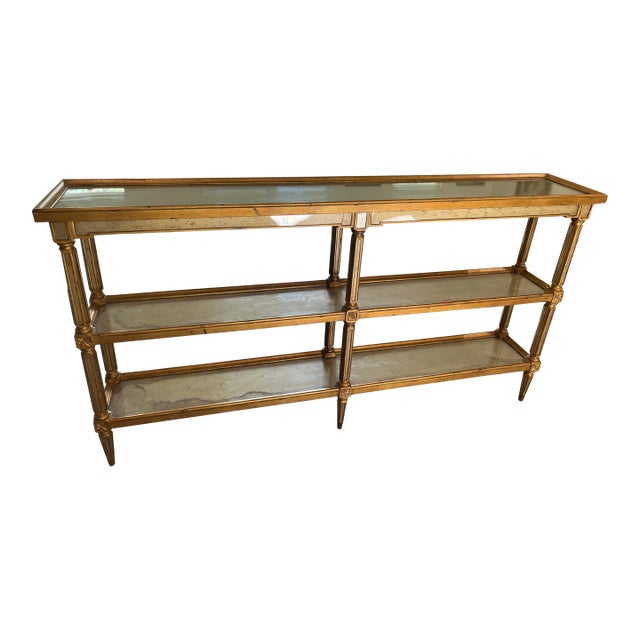 Theodore Alexander Hollywood Regency Gilded Eglomisé Glass Three-Tier Console Table For Sale