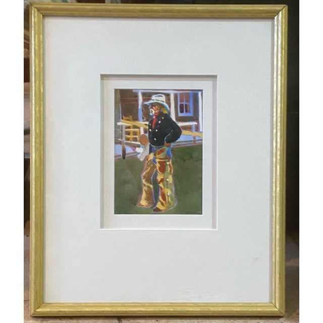 Blue 1990s Rhett Thurman Western Cowboy Scene Watercolor Framed For Sale - Image 8 of 8