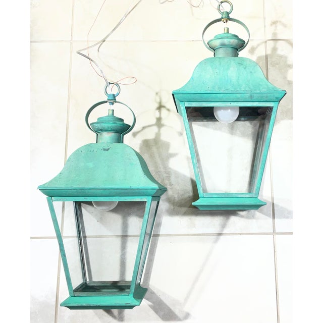 Pair of Solid Brass Vintage Ceiling Lantern 19” X 9”.5 X 9”.5 For Sale - Image 12 of 14