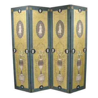 Late 20th Century Neoclassical Robert Adam Style 96" Large 4 Panel Folding Screen Room Divider For Sale