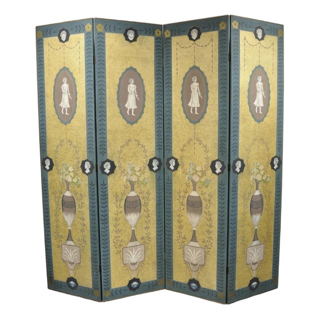 Late 20th Century Neoclassical Robert Adam Style 96" Large 4 Panel Folding Screen Room Divider For Sale