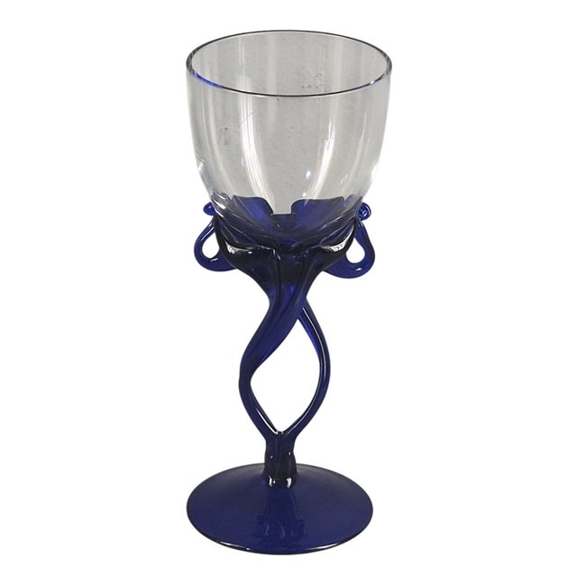 Late 20th Century Art Glass Jelly Fish Attributed Jozefina Krosno Blue Stem Wine Glass For Sale - Image 6 of 6