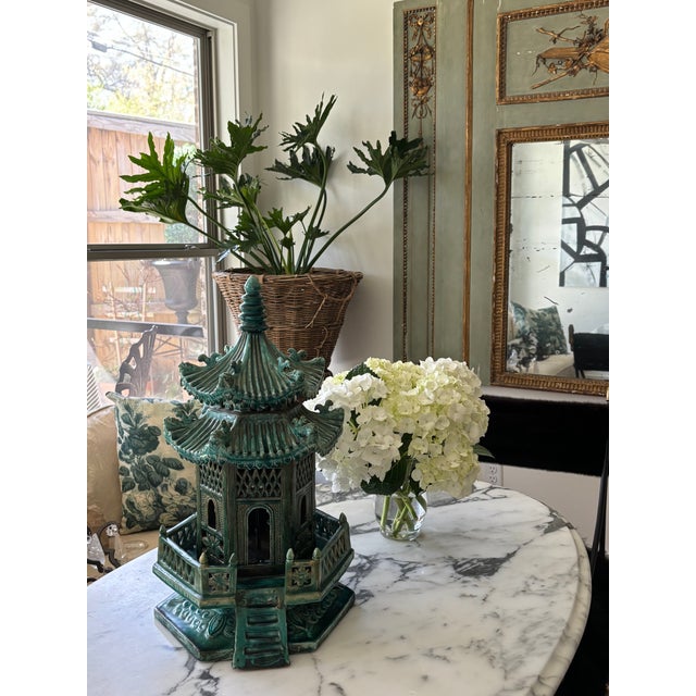 Vintage Large Scale Palm Beach Style Green Glazed Pagoda Centerpiece For Sale - Image 4 of 18