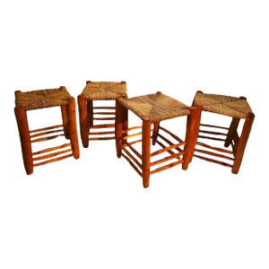 Set of 4 Hand Carved Stools W/ Hand Woven Sea Grass Seats