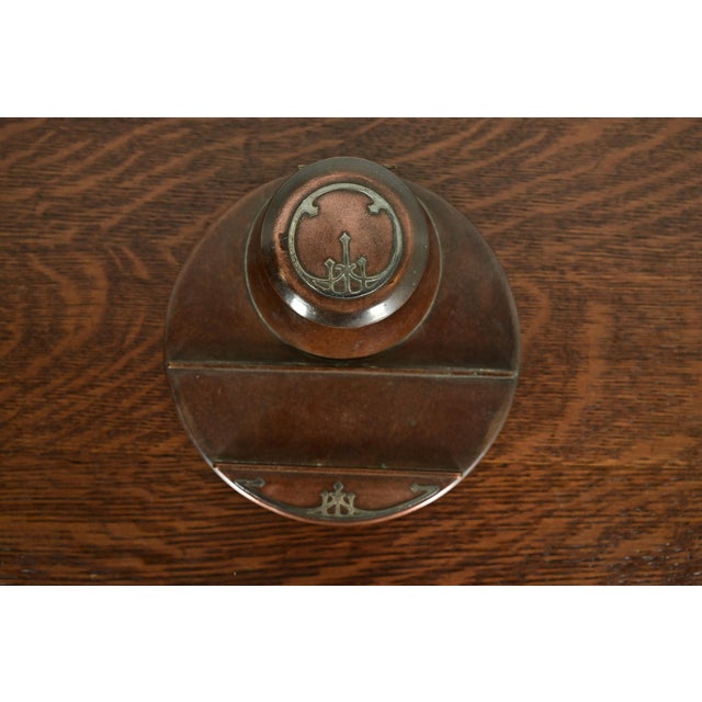 Early 20th Century Heintz Arts & Crafts Sterling Silver on Bronze Inkwell With Pen Tray For Sale - Image 5 of 13