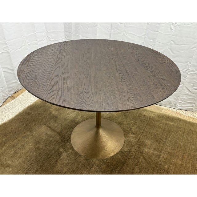 Rh Aero Bistro Table — 42" Round Brown Oak Top | Antiqued Brass Pedestal Base For Sale - Image 17 of 18