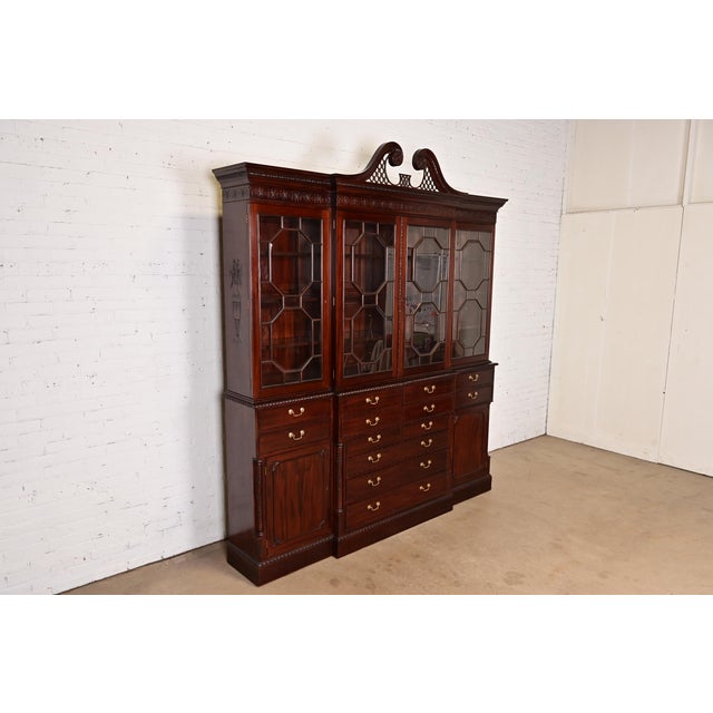 Baker Furniture Style English Georgian Carved Mahogany Breakfront Bookcase Cabinet With Drop Front Secretary Desk For Sale - Image 14 of 14