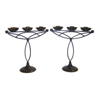 German Hugo Berger Goberg Attr. Arts & Crafts Black Iron Candelabra Pair For Sale