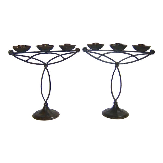 German Hugo Berger Goberg Attr. Arts & Crafts Black Iron Candelabra Pair For Sale